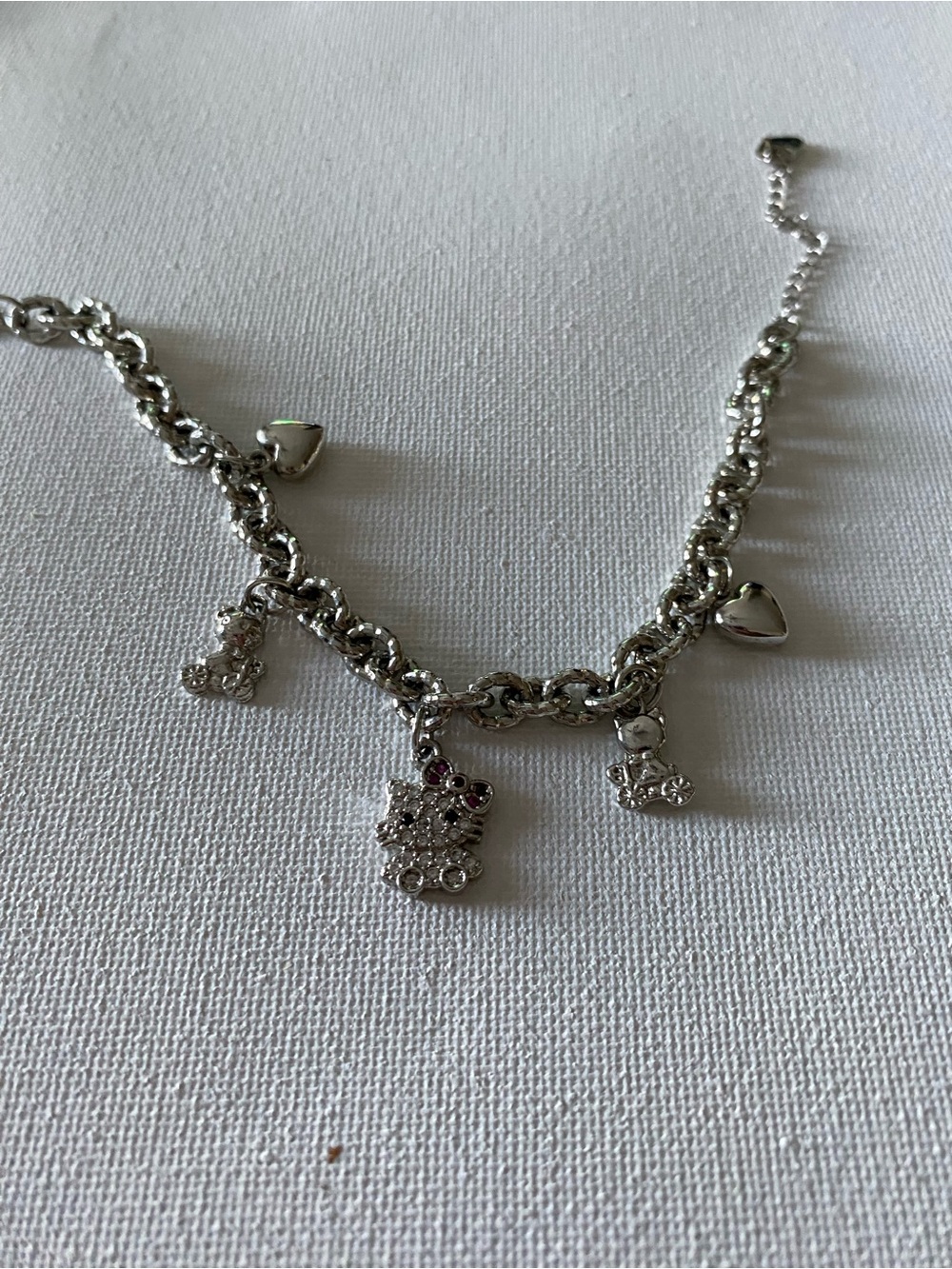 Silver Tone Charm Bracelet with Heart and Teddy Bear Charms